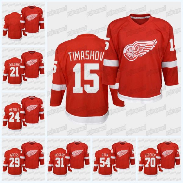

youth detroit red wings 2020-21 home red jersey bobby ryan troy stecher calvin pickard jon merrill dmytro timashov dennis cholowski, Black;red