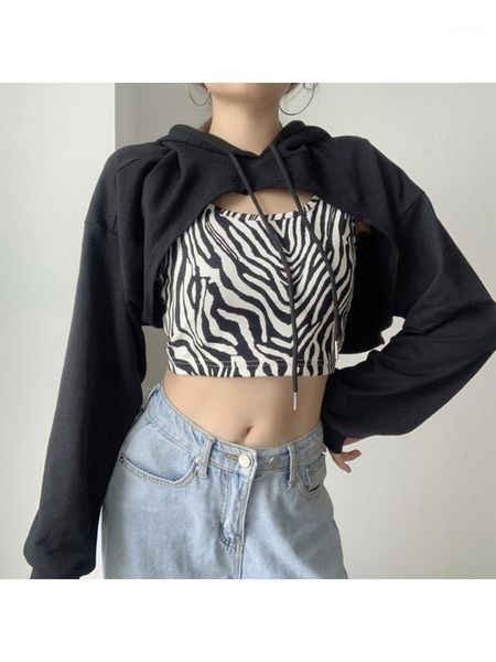 

women 2pcs long sleeve black drawstring cropped hoodies sweatshirt with zebra stripes camis tank harajuku streetwear1