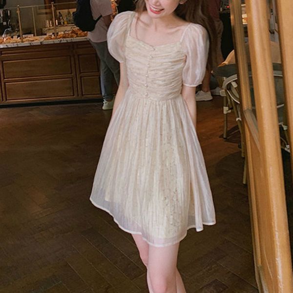 

2021 new new mini sweet chiffon bubble sleeve square collar fairy casual party korean dress women summer 400i cexn, Black;gray