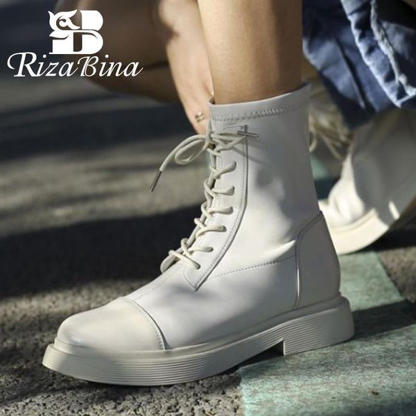

rizabina real leather woman short boots cross strap warm winter shoes woman casual daily flats boot lady footwear size 34-40, Black
