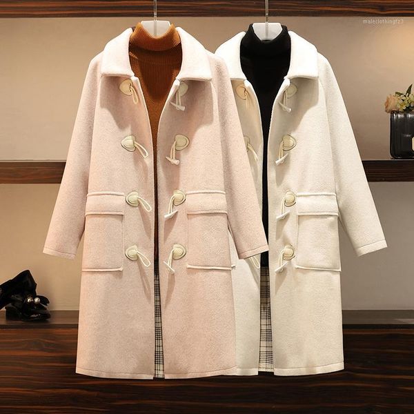 

women's wool & blends plus size autumn winter woolen coats women lantern sleeve wool&blends long coat casual loose jacket female outwea, Black