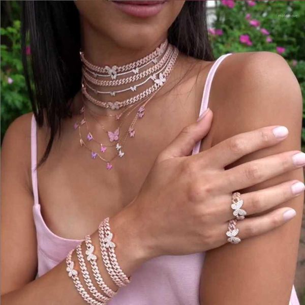 

chokers 2021 summer cuban link chain 3 butterfly charm iced out sparking bling cubic zirconia women choker necklace jewelry1, Golden;silver