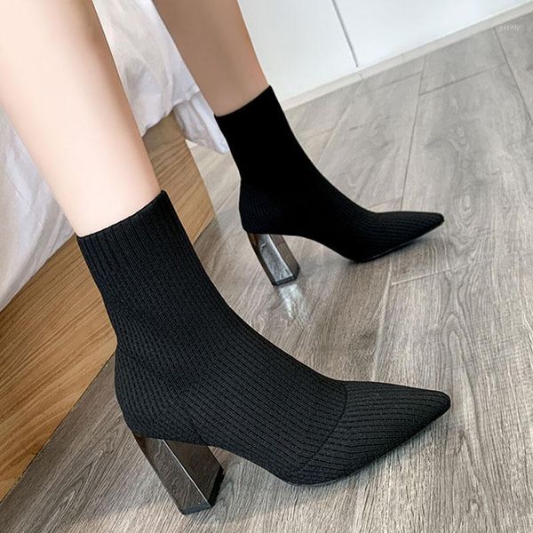 

autumn gray fabrics sock boots women shoes elastic boots stretch knit bling 8cm metal square heel ladies shoes plus size 411, Black