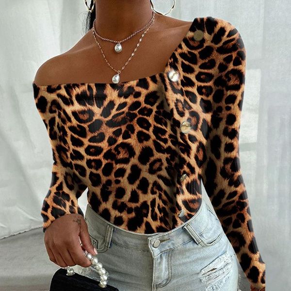 

casual women button blouses out shoulder o-neck slim female shirts lelgant leopard printed long sleeve lady shirt, White