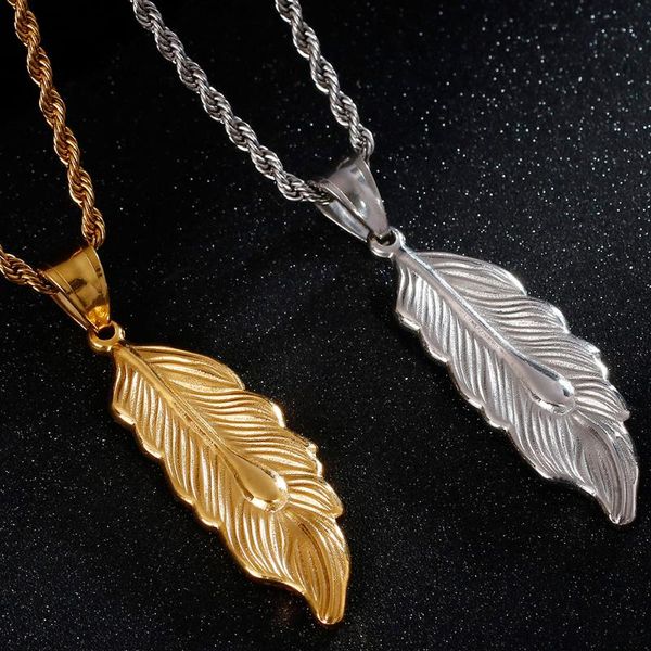 

pendant necklaces cool men's gold feather leaf necklace friends gift stainless steel long rope chain for men rocker jewelry, Silver