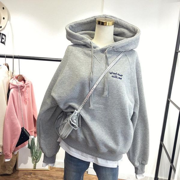 

female fake two pieces pullover winter casual women hoodie embroidery letter harajuku sweatshirt long sleeves loose plus velvet1, Black