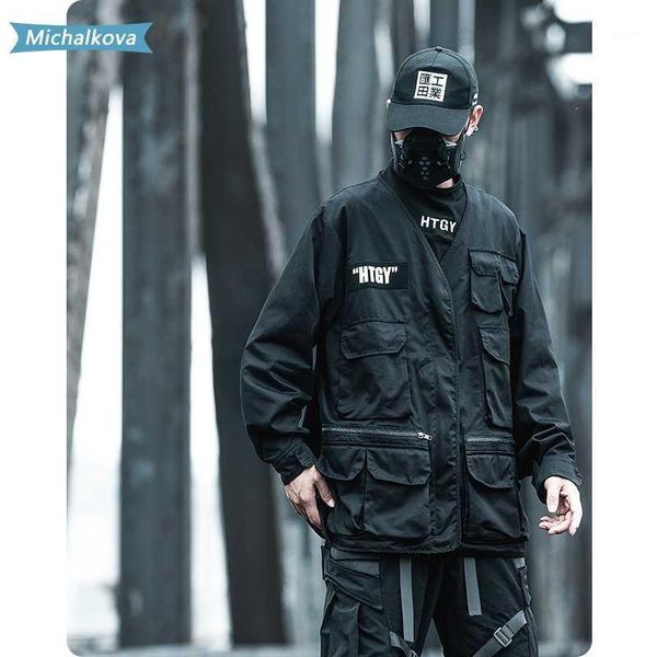

pocket v-neck jacket thin tactical loose coat hip hop harajuku windbreaker techwear women/men's clothes michalkova1, Black;brown