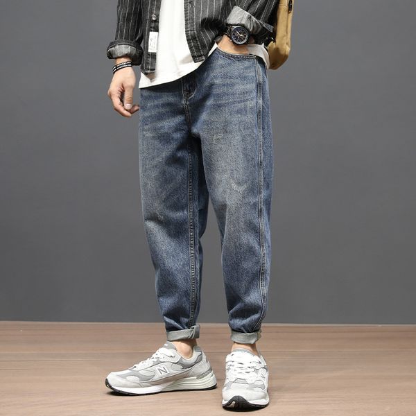 

2021 new japanese vintage fashion men jeans retro blue loose fit denim harem pants streetwear hip hop wide leg trousers kcf2
