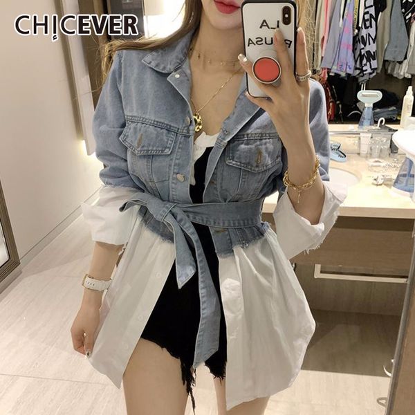 CHICEVER Gefälschte Zwei Stücke Patchwork Denim Jacke Weibliche Revers Kragen Langarm Tunika Spitze Up Asymmetrische Mäntel Frauen Flut 201029