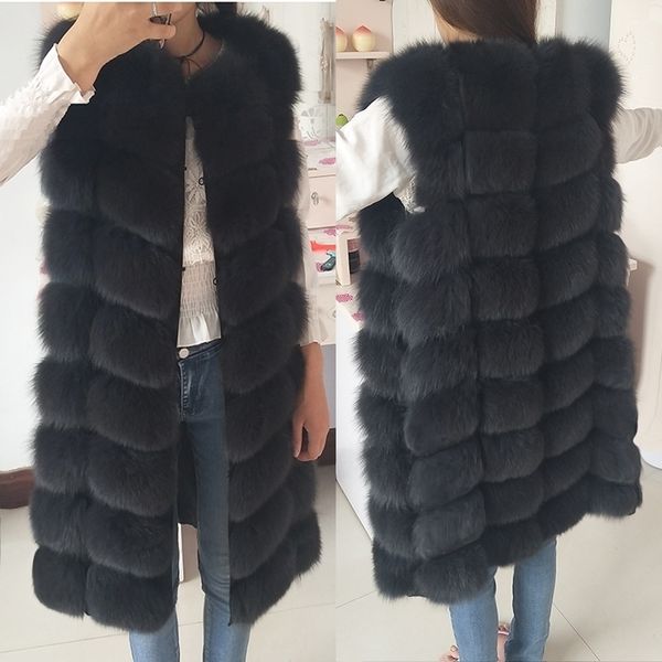

natural for female waistcoat long coats real fur coat fox vest jacket 201124, Black