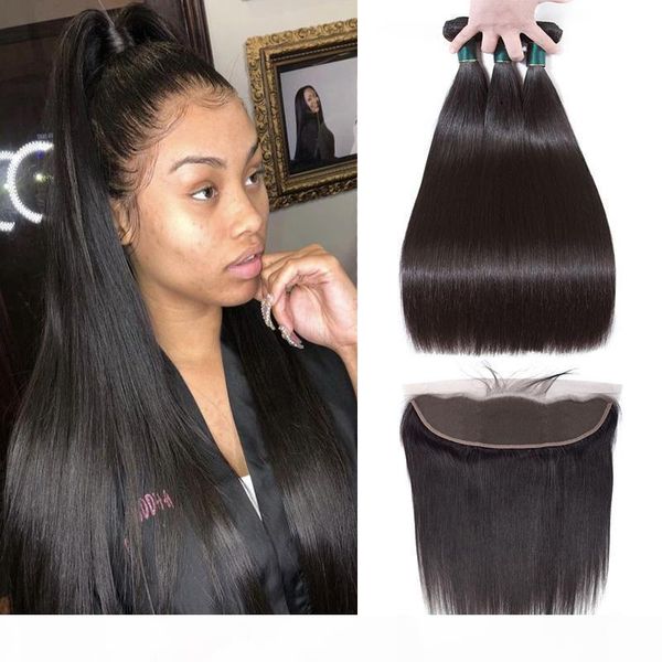 

brazilian virgin hair bundles with frontal ear to ear lace frontal closure straight human hair 13*4 frontal with 3pcs bundles deals, Black