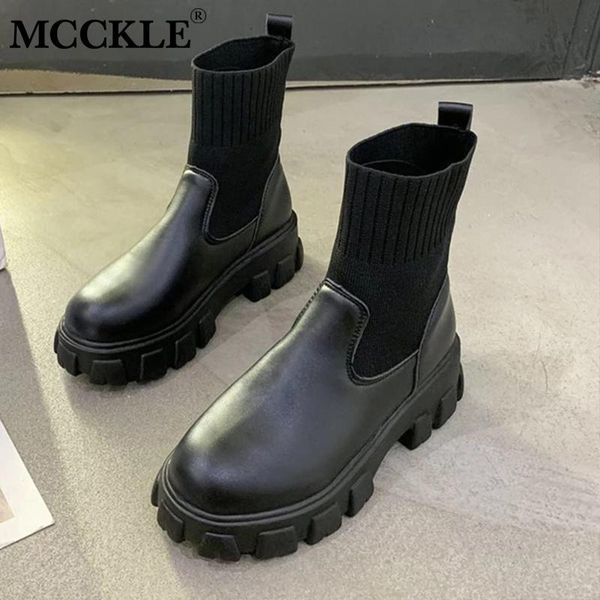 

mcckle women ankle boots knitted ladies comfort chunky heels female casual warm sock shoes woman slip on new fashion boot, Black