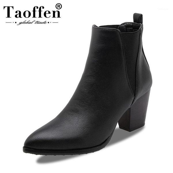 

boots taoffen office ladies ankle plus size 32-46 pointed toe winter fur shoes women keep warm square heel short footwear1, Black