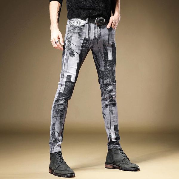 

men's jeans fashion printed men gray straight denim slim fit pencil pants, Blue
