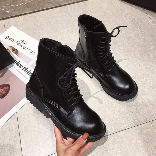 

college girls lace up riding boots women shoes zipper femmes bottes chunky heels ankle botas british genuine leather boots 2020, Black