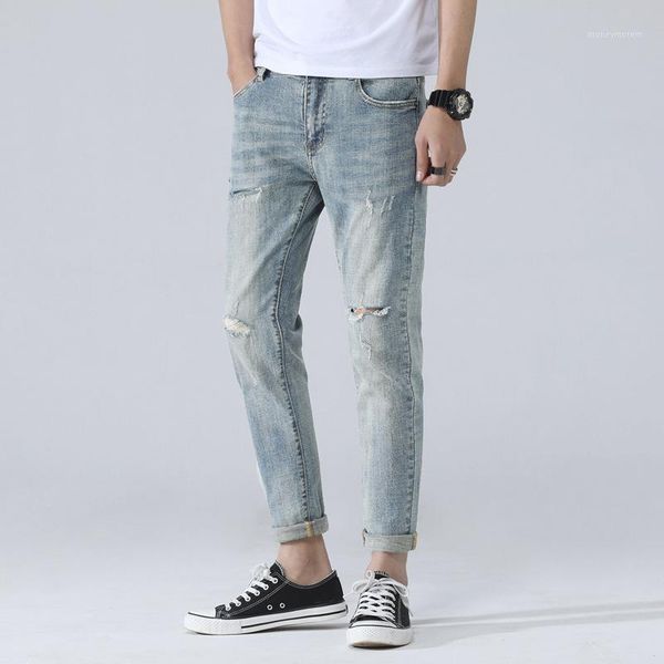 

with holes jeans men's slim fit pants spring capri light blue versatile pants korean trend 9 elasticity ripped jeans1