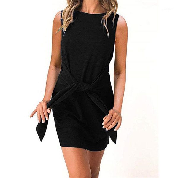 

new 2019 fashion solid sashes mini party dress women o-neck sleeveless summer dress all-match slim casual beach vestidos female1, Black;gray