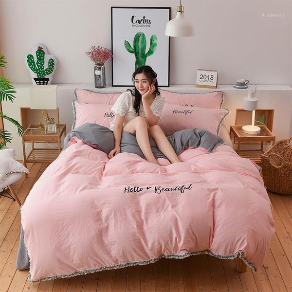 

bedding sets 3 pcs set female soft duvet cover pillowcase bed sheet washed cotton embroidery tassel 1