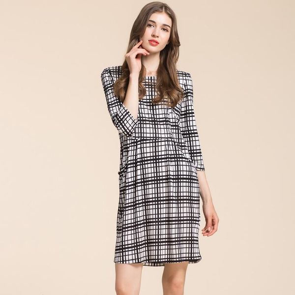 

new fashion 100% silk womens dress o-neck grid dress casual for women, Black;gray