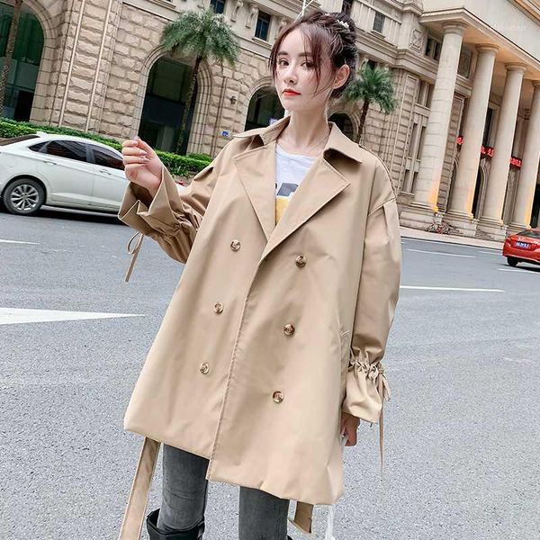 

autumn 2020 new handsome british style pure colored drawstring loose windswear jacket women's korean edition belt-tied clothes1, Tan;black