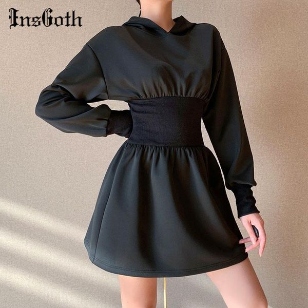 

insgoth corset black hoodie dress goth harajuku high waist long sleeve dresses streetwear punk hooded mini dress women outfits, Black;gray