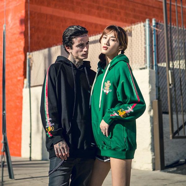 

new trend simple print hooded couple loose casual sweatshirt couples hip-hop long sleeve casual hooed, Black