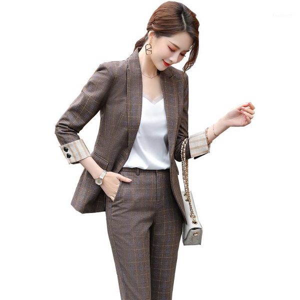 

2021 latest black yellow coffee gray plaid women pant suit ladies jacket blazer and trousers 2 piece set1, White