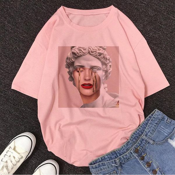 

a person crying david michelangelo t shirt statue print fun vintage harajuku tshirt women aesthetic casual pink t shirt female, White