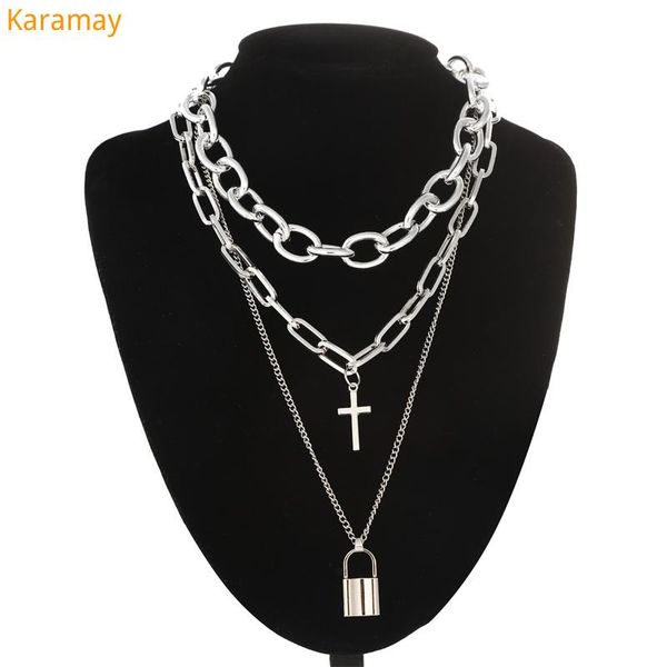 

layered grunge aesthetic jewelry vintage punk chain necklace lock cross pendant necklace women choker chains goth accessory, Golden;silver