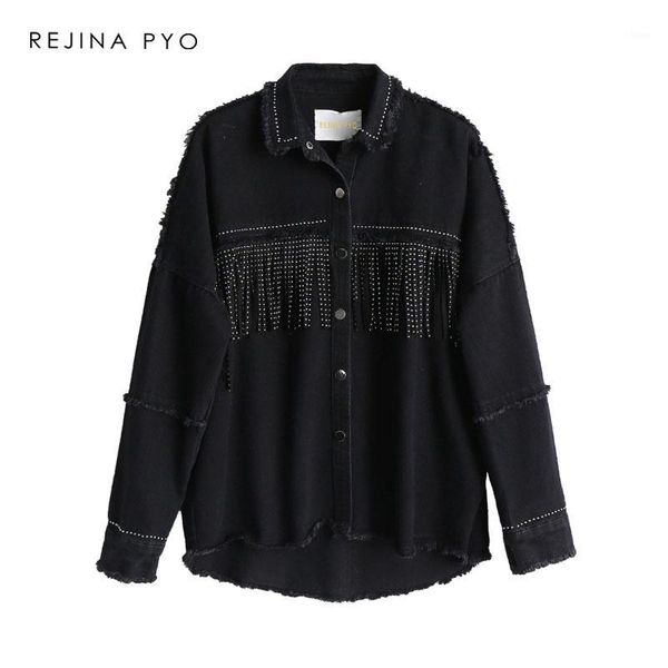 

rejinapyo women black loose denim jacket coat sequined tassels streetwear all-match mental covered button outerwear1, Black;brown