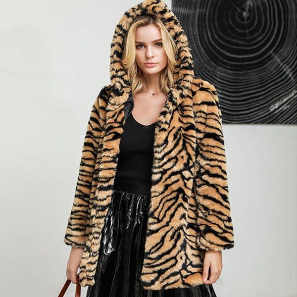 

women's fur & faux women coat winter thick long sleeve warm outerwear luxury jacket elegant mujer bontjas hooded tiger-print coats, Black