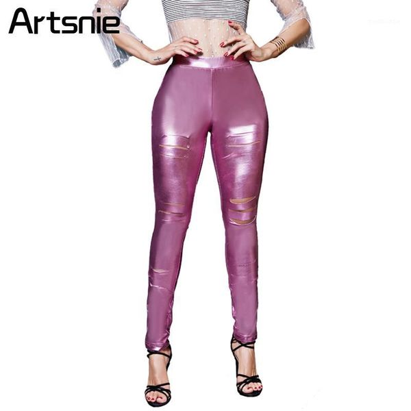 

artsnie pink leather hole skinny pants women spring 2018 high waist party ladies pu long pencil pants capris legging1, Black;white