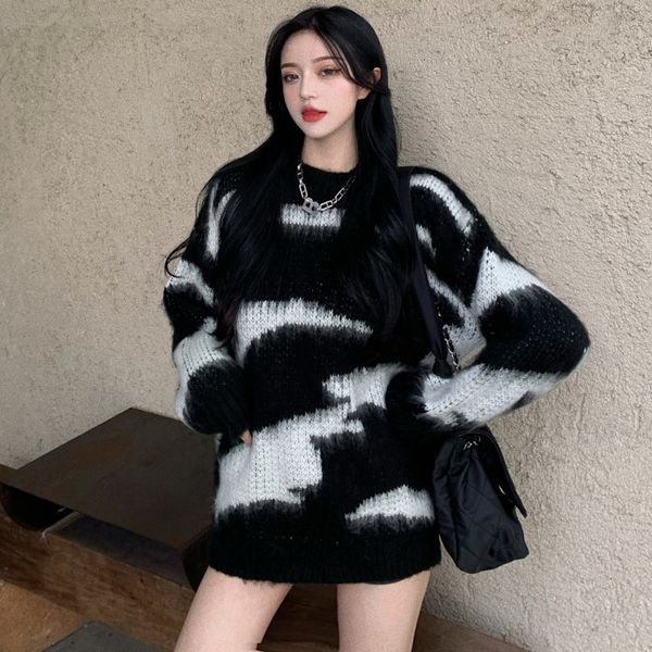 

autumn 2020 new korean loose slouchy crew neck pullover sweater jacket color contrast tie dye long sleeve women's wear