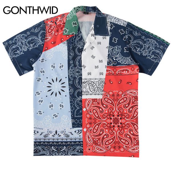 

gonthwid hip hop cashew flowers print color block patchwork beach aloha hawaiian shirts streetwear summer short sleeve shirt 1022, White;black