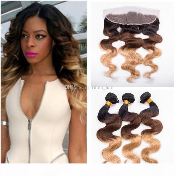 

peruvian virgin hair extensions 1b 4 27 hair bundles with lace frontal closure body wave ombre hair weaves with 13x4 lace frontal, Black;brown