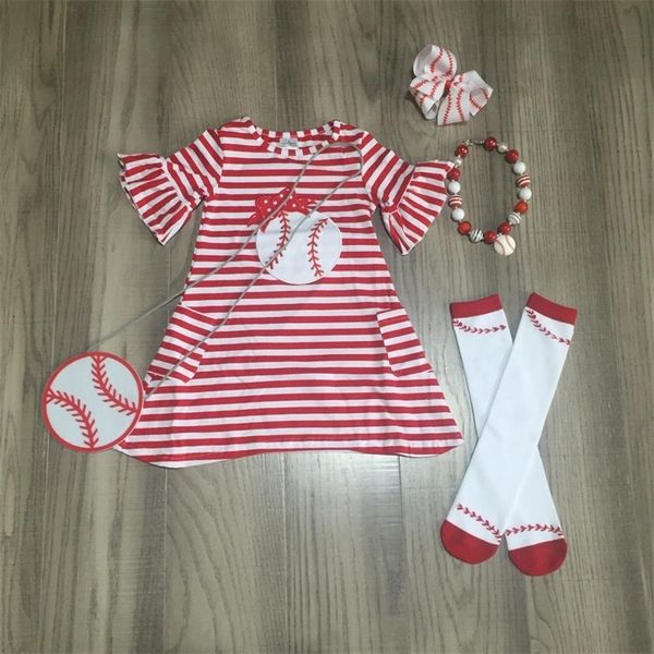 

baby girl kids children baseball dress knee length red stripes cotton boutique clothes match bow necklace purse & socks y200325, White