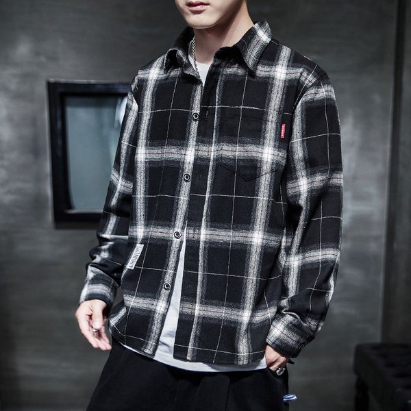

2019 new men's plaid long sleeve korean youth leisure business shirt simple fashion trend lining men, White;black