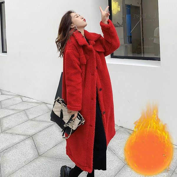 

2021 women winter faux sheep sheared fur coats lady casual mid-long teddy soft fur jacket female thick warm plush outerwear c1131, Black