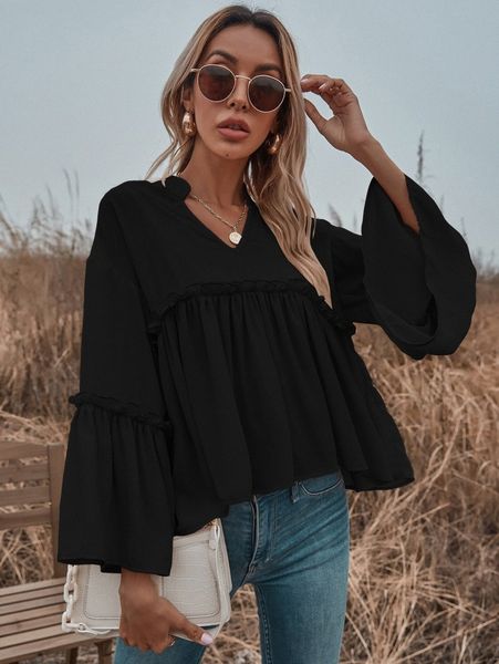 

notch neck frill trim flounce sleeve babydoll blouse o4rg#, White