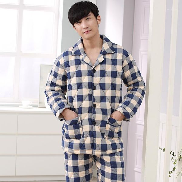 

pyjamas men three layer thickening warm winter quilted jacket men's pajamas plaid pijamas hombre inverno plus size tracksuit 3xl1, Black;brown