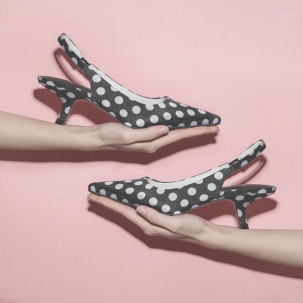 

sandals elegant women polka dot high heels pointed toe elastic band shoes office lady career zapatos de mujer 20211, Black