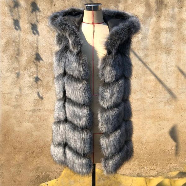 

savabien furry hooded coat women silver faux fur vest gilet sleeveless fluffy fake fur jacket long vest festival coats1, Black