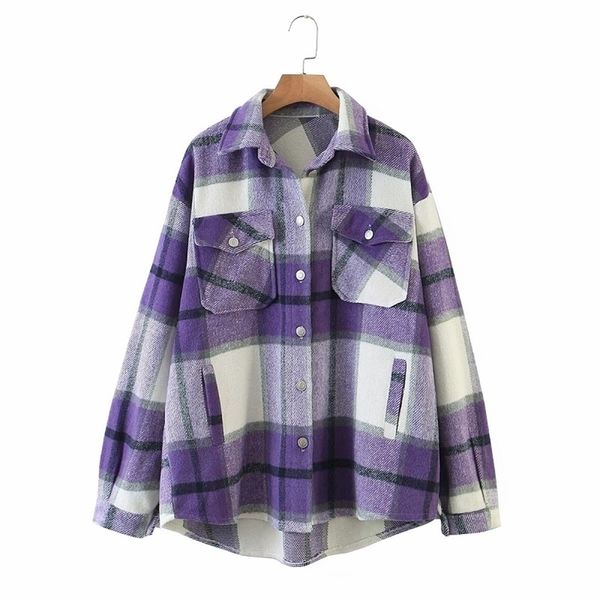 

autumn women fashion purple pockets plaid shirt jacket vintage turn-down collar coat female chic outerwear 201210, Black;brown