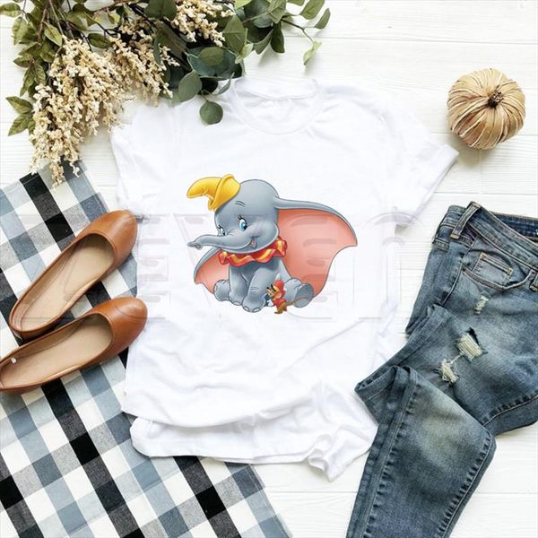

summer new fashion kawaii cartoon elephant print women t shirt ladies casual cotton shirts 90s young girls short sleeve tee, White