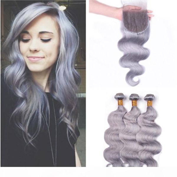 

silver grey brazilian human hair body wave 3bundles with closure pure grey color lace front closure 4x4 with weave bundles 4pcs lot, Black