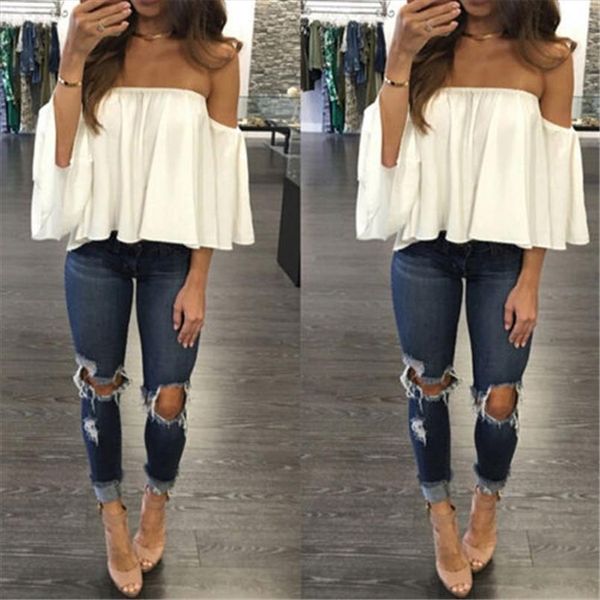 

women casual boho off shoulder shirt summer crop chiffon shirt trumpet sleeves female harajuku elegant blouse, White