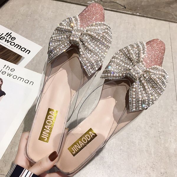 

baotou half slippers outside women wear the new spring 2020 web celebrity diamond flat bow joker sequins summer sandals x1020, Black