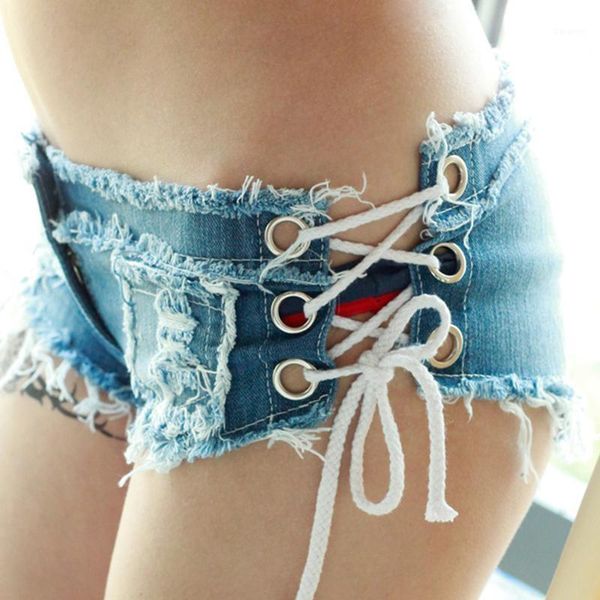 

women low waist hole mini jeans summer new denim shorts slim side drawstring nightclub dj dance shorts1, Blue