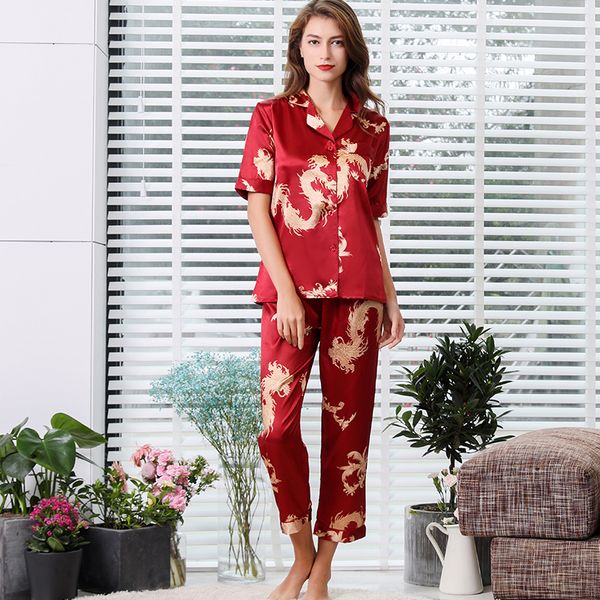 

women's pajamas set spring autumn satin turn down collar short sleeve 2pcs sleepwear dragon print ladies casual home suit female #639, Black;red