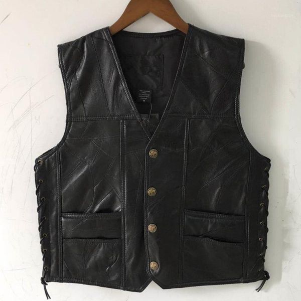 

black leather motorcycle vest for men genuine leather punk biker vest lace button autumn sleeveless jacket for men1, Black;white